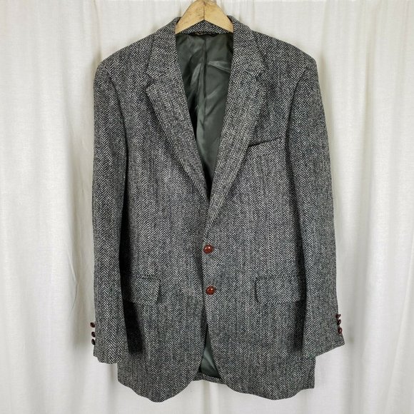 Vintage HARRIS Tweed Blazer Black Herringbone Wool Sport Coat Jacket Mens 42 44 - Picture 1 of 6